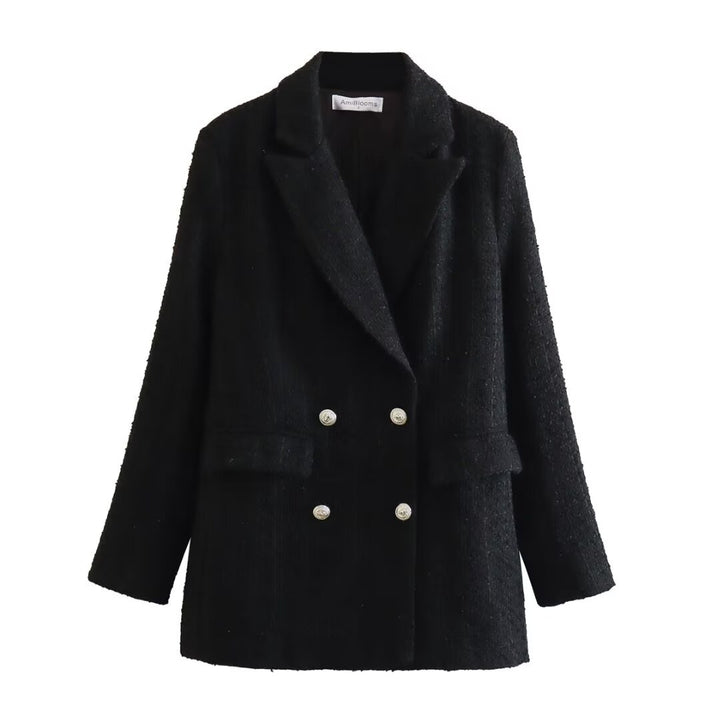 Damen Doppelreihiger Bouclé‑Tweed‑Blazer mit Schalkragen und Pattentaschen Drune