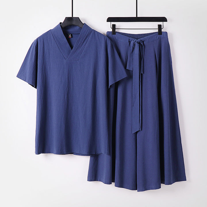 Damen Leichtes Loungewear-Set mit V-Ausschnitt-Shirt und weit schwingendem Midirock mit Kordelzug Drune