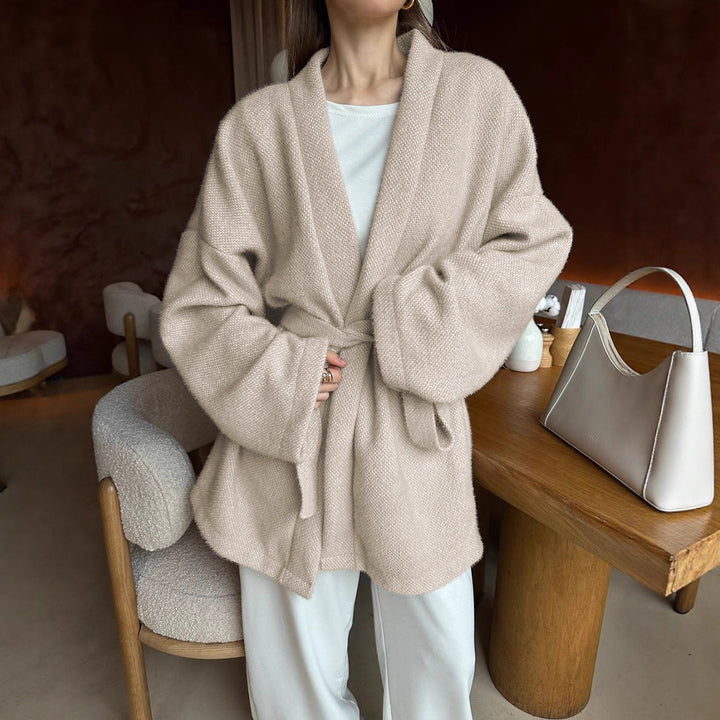 Damen modische offene Strickjacke mit Taillengürtel und weitem Schnitt Drune