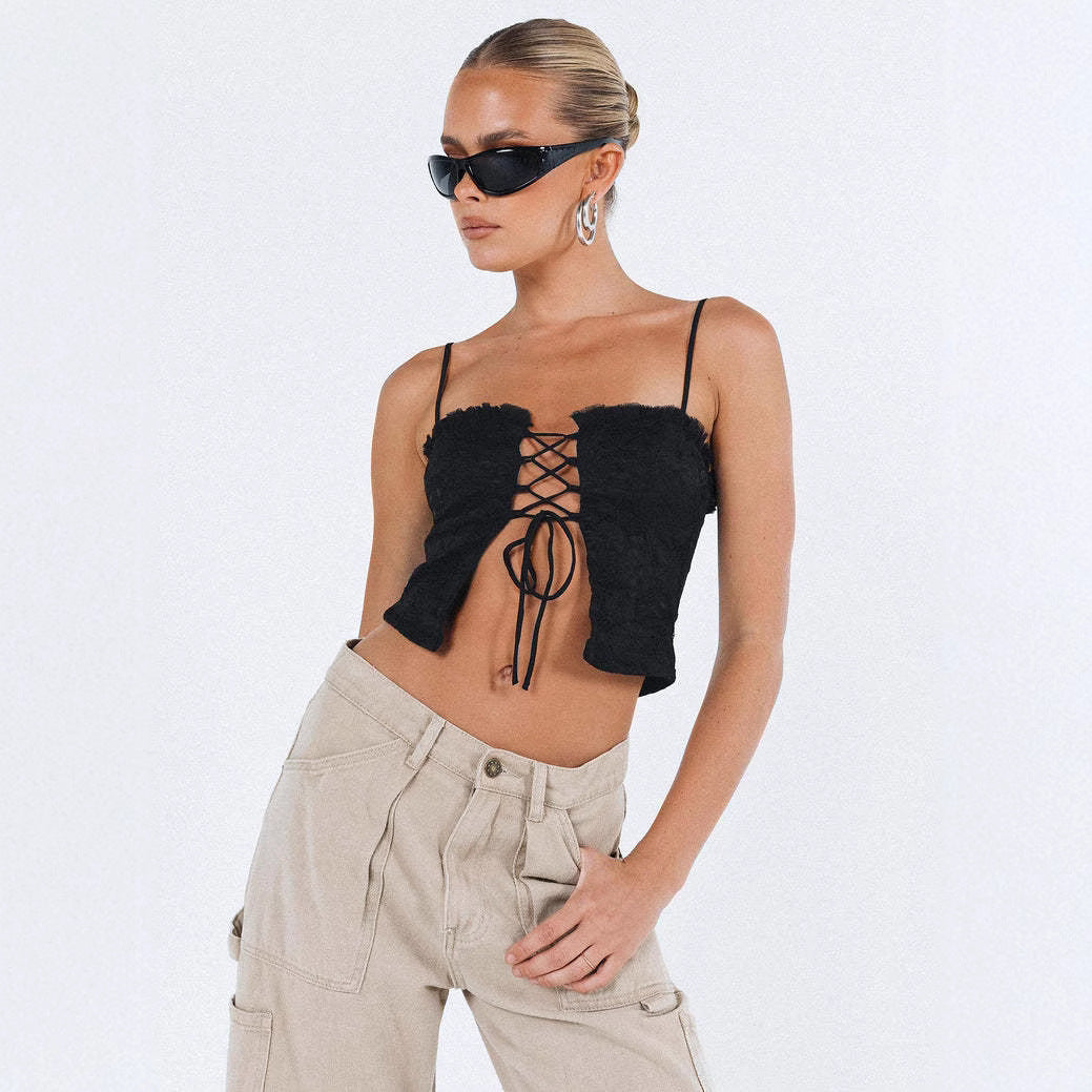 Damen Spitzen-Top mit Schnürung und Rüschendetail Drune