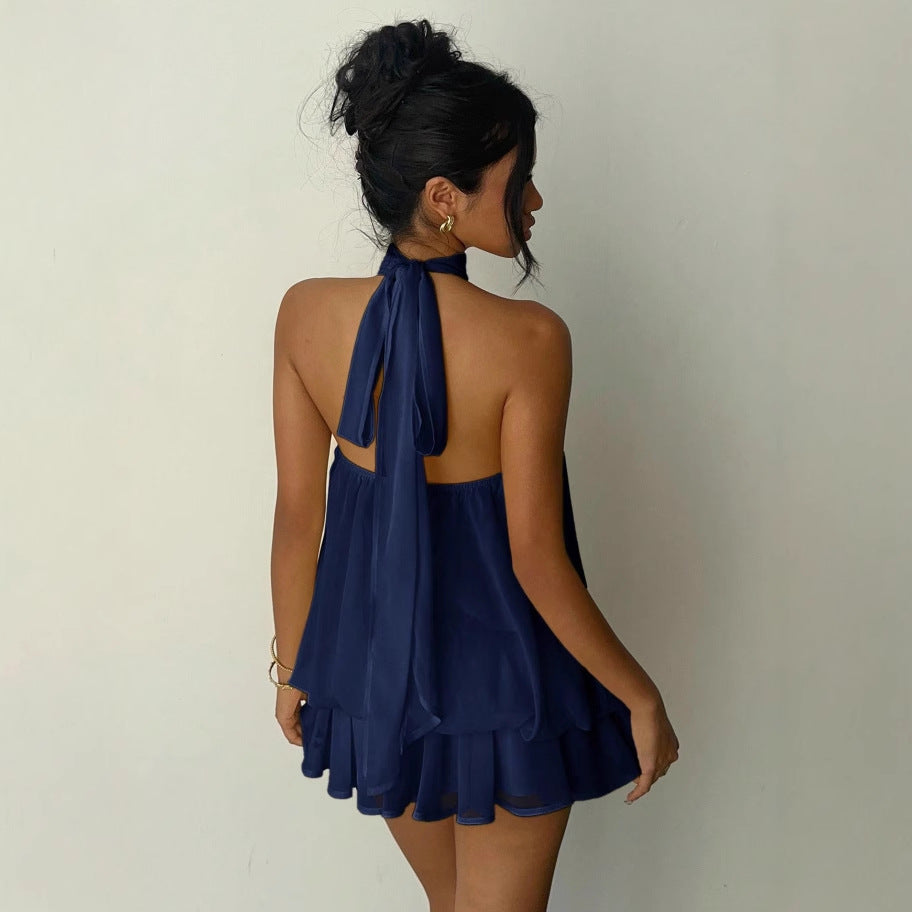 Damen Ärmelloser Chiffon-Playsuit mit hohem Stehkragen, gerafftem Oberteil und Stufen-Shorts Drune