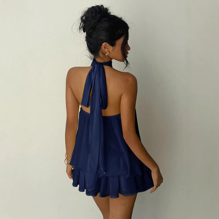 Damen Ärmelloser Chiffon-Playsuit mit hohem Stehkragen, gerafftem Oberteil und Stufen-Shorts Drune