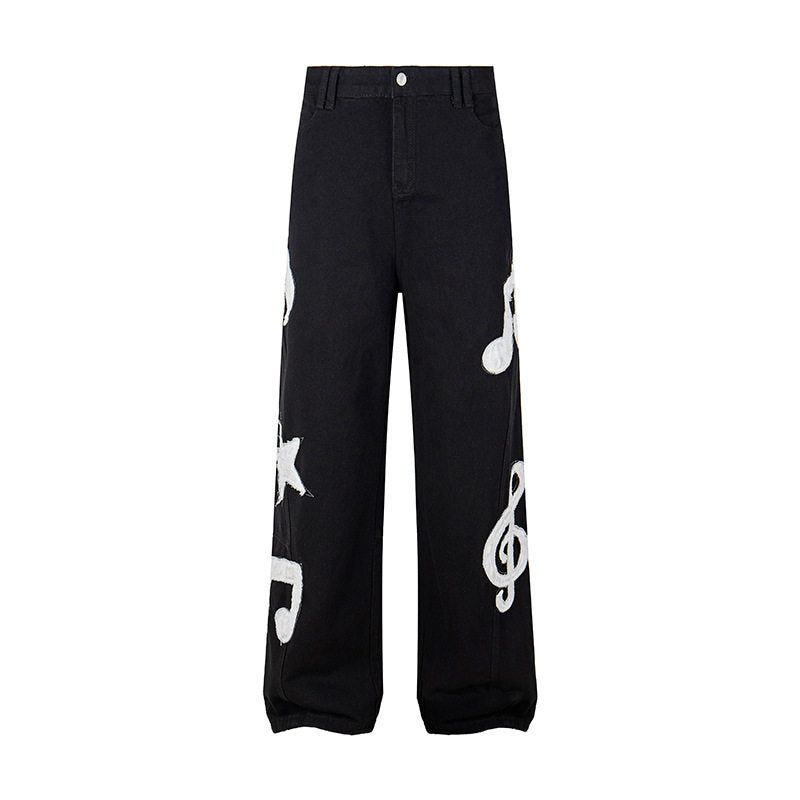Damen Jeans mit hohem Bund, weitem Beinverlauf, Stick- und Destroy-Details Drune