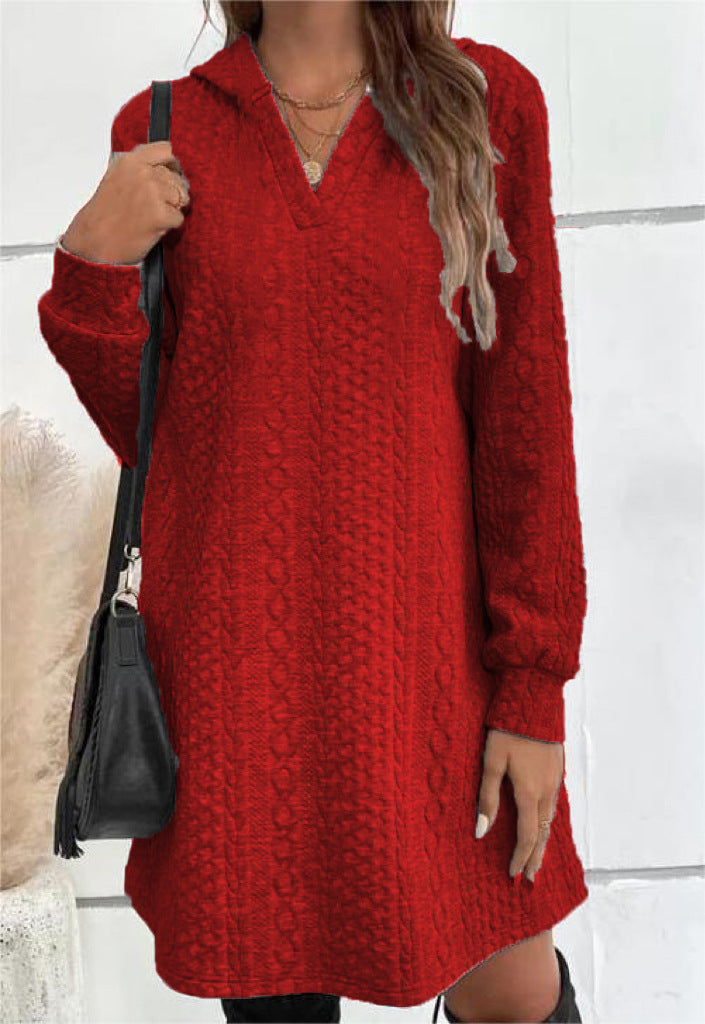 Damen Lässiges Strukturiertes Kapuzen‑Strickkleid im Tunika‑Schnitt Drune