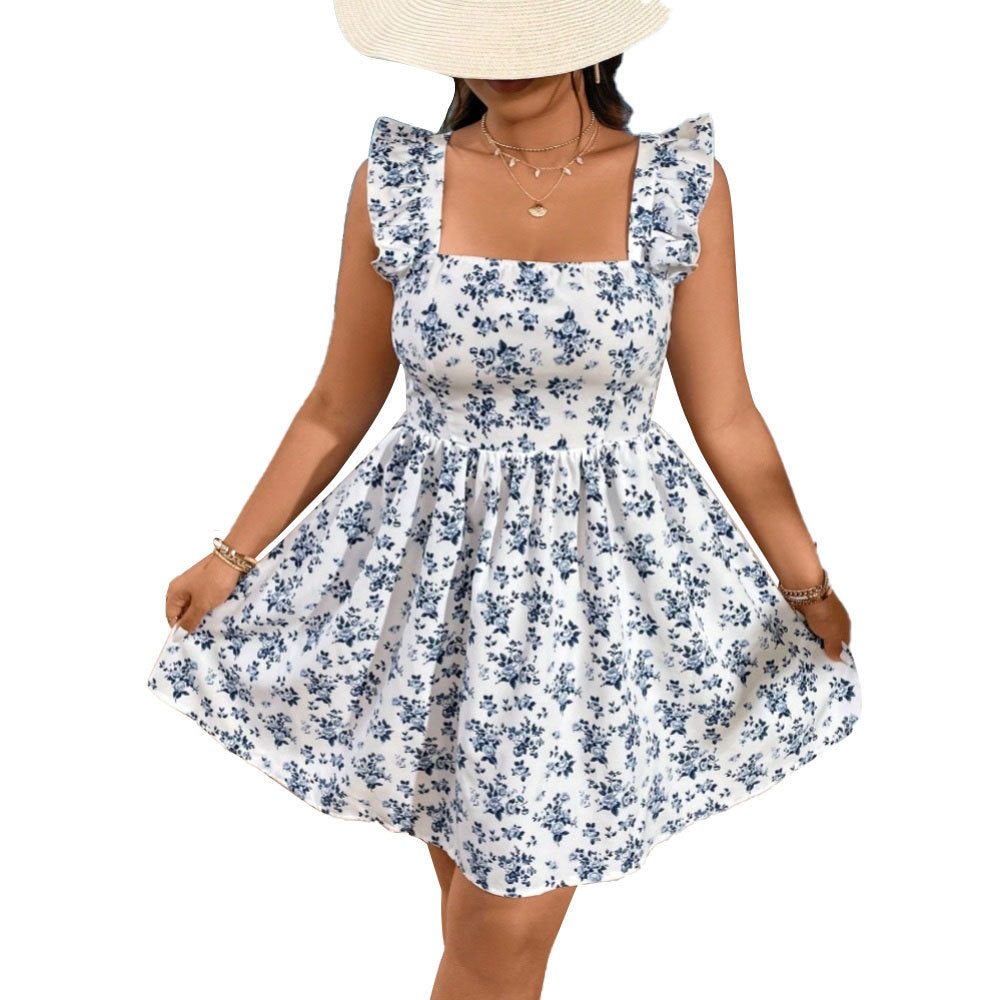 Damen Sommerliches Blütenkleid mit Rüschendetails und Quadrat-Ausschnitt Drune