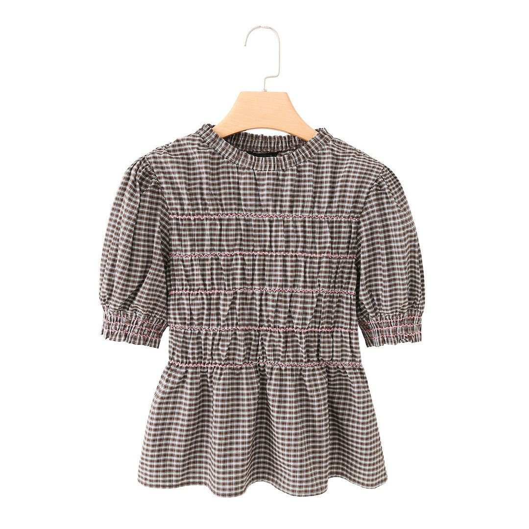 Damen Kariertes Smock-Tunika-Top mit Volantbund und Puffärmeln Drune