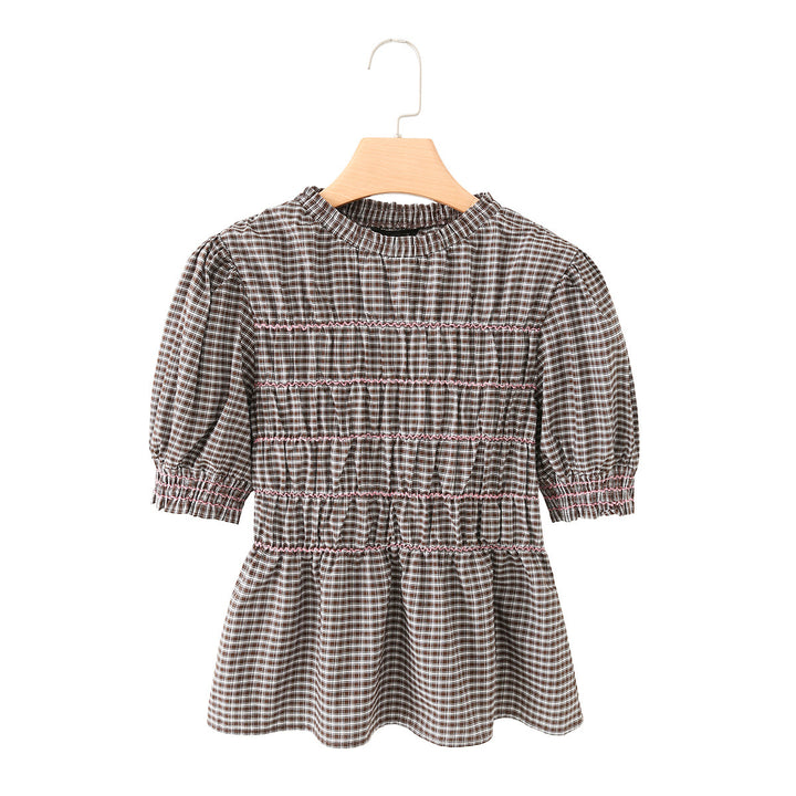 Damen Kariertes Smock-Tunika-Top mit Volantbund und Puffärmeln Drune