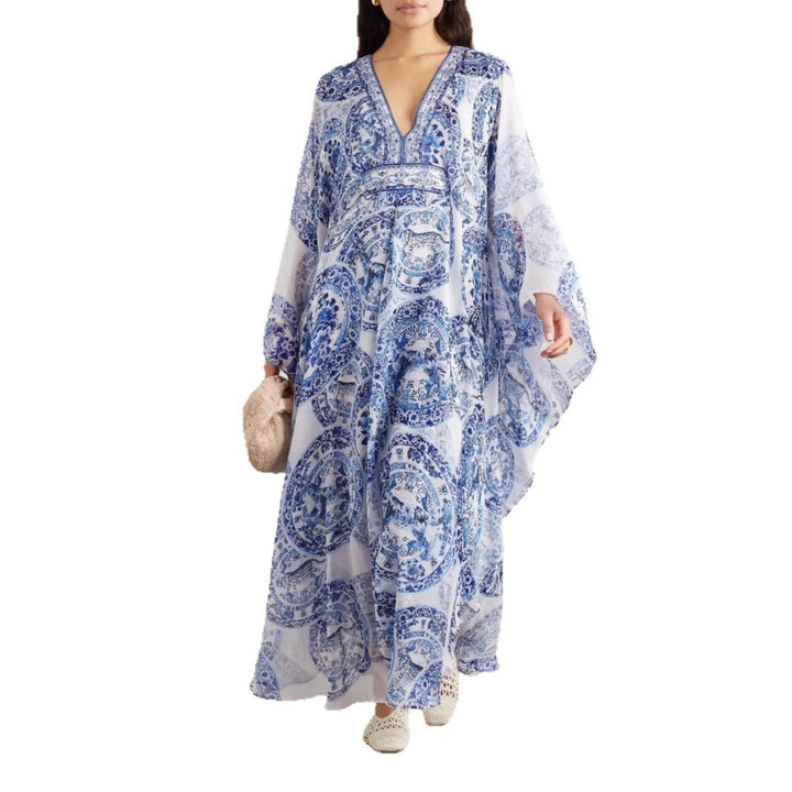 Damen Maxi-Kleid mit elegantem V-Ausschnitt und weit schwingendem Schnitt Drune