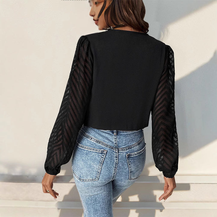 Damen Elegante Wickelbluse mit plissiertem V-Ausschnitt und transparenten Chevron-Ärmeln Drune