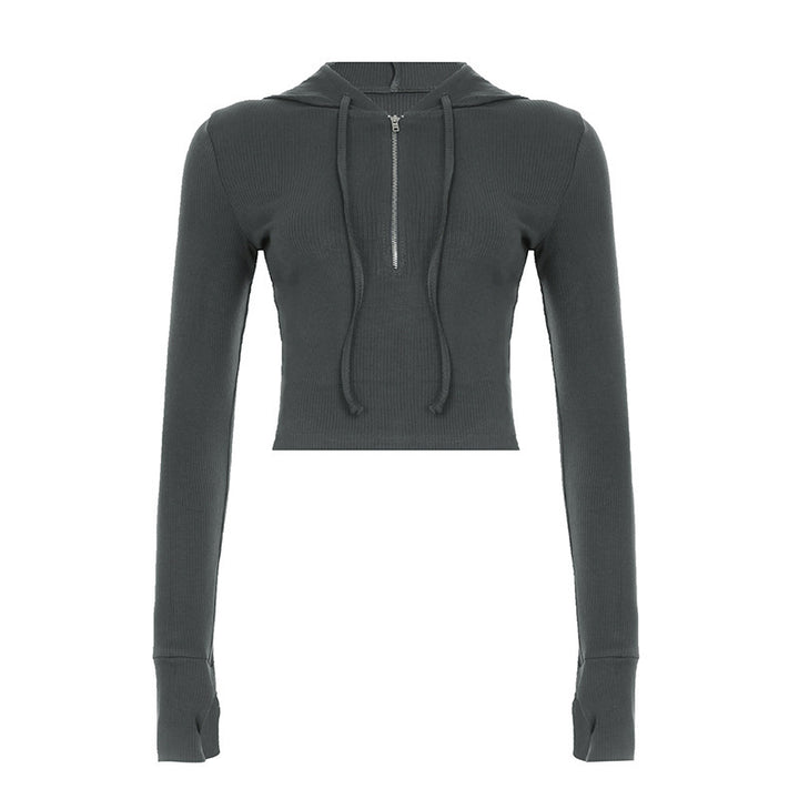 Damen nan kurzes Ripp-Kapuzenhoodie mit halbem Reißverschluss, langen Ärmeln und Daumenloch Drune
