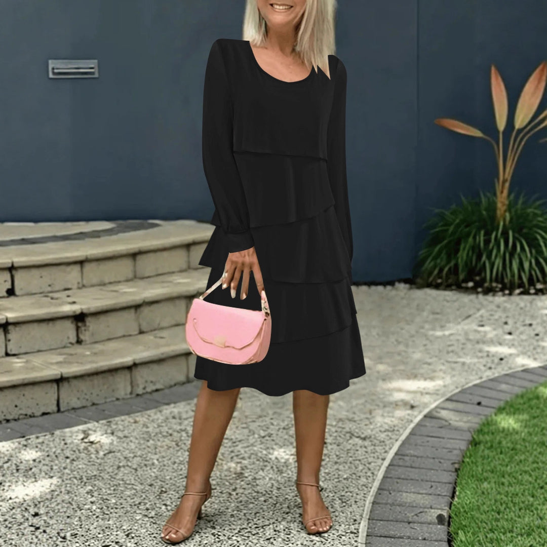 Damen Stufenkleid mit Lagenrock, Rundhalsausschnitt und Ballonärmeln Drune