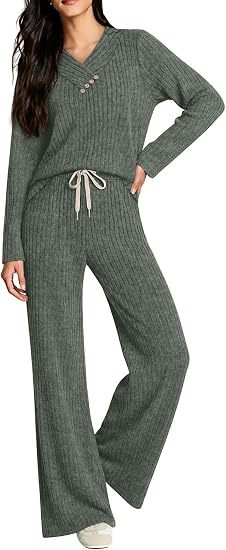 Damen Weiches Rippstrick-Lounge-Set mit V-Ausschnitt und Kordelbund Drune