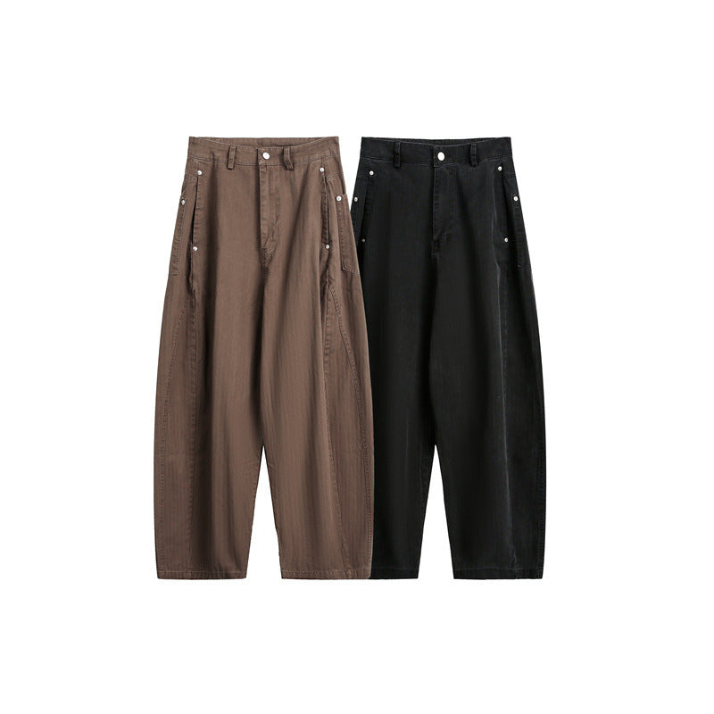 Damen Weite High‑Waist Cargo-Hose mit tiefem Schritt und aufgesetzten Seitentaschen Drune