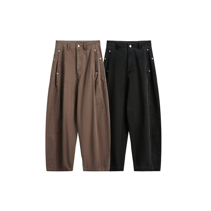 Damen Weite High‑Waist Cargo-Hose mit tiefem Schritt und aufgesetzten Seitentaschen Drune
