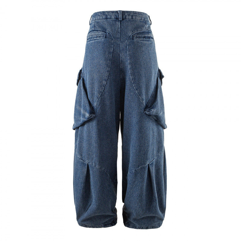 Unisex Weite Cargo-Jeans mit hoher Taille, Panelnähten und aufgesetzten Klappentaschen Drune
