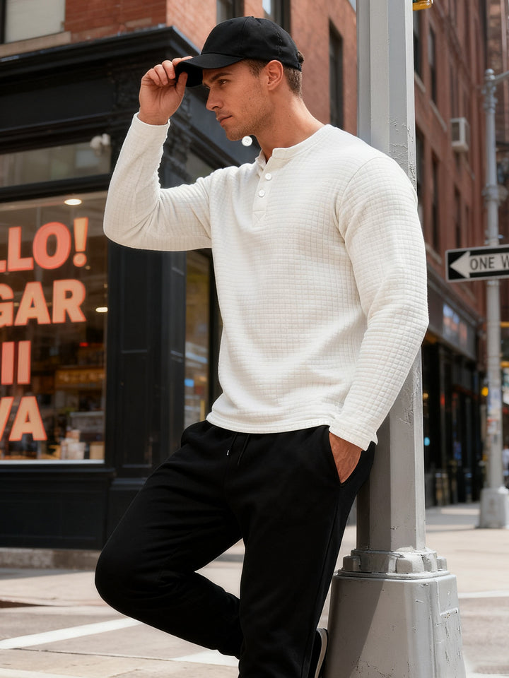Herren nan strukturiertes Henley-Langarmshirt aus Waffelstrick mit Stehkragen und schmaler Silhouette Drune