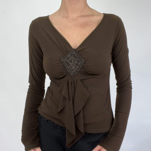 Damen Figurbetontes V‑Neck Langarm-Top mit dekorativer Häkelapplikation und Wasserfallzipfel Drune