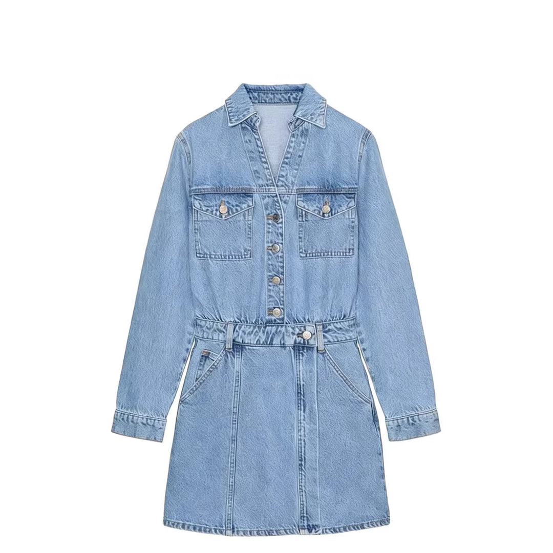 Damen Tailliertes Jeans-Minikleid mit Hemdkragen, aufgesetzten Brusttaschen und dekorativer Knopfleiste Drune