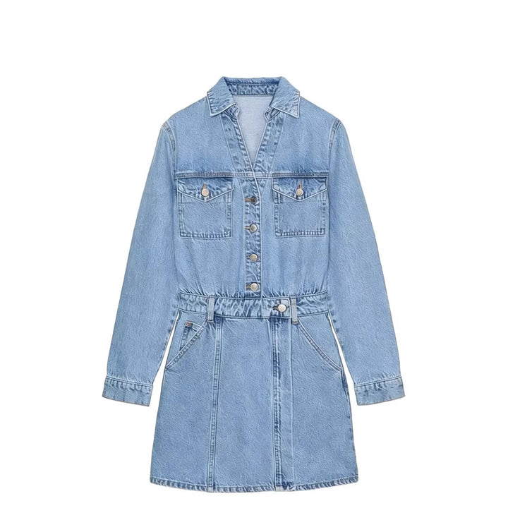 Damen Tailliertes Jeans-Minikleid mit Hemdkragen, aufgesetzten Brusttaschen und dekorativer Knopfleiste Drune
