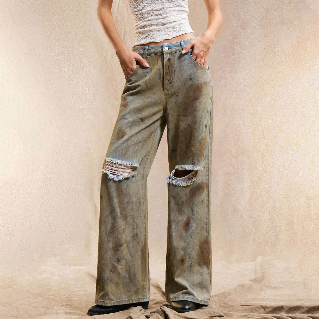 Damen Weit geschnittene Jeanshose mit distressed Details Drune