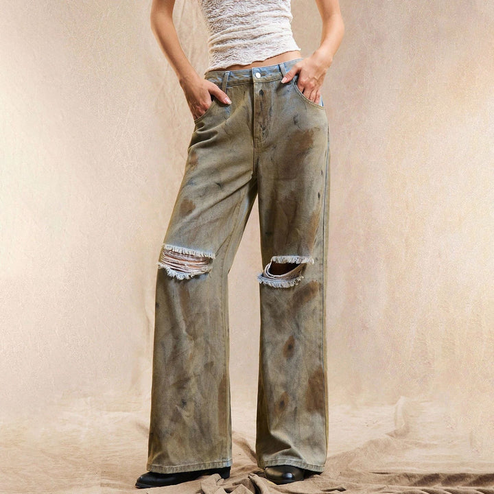 Damen Weit geschnittene Jeanshose mit distressed Details Drune