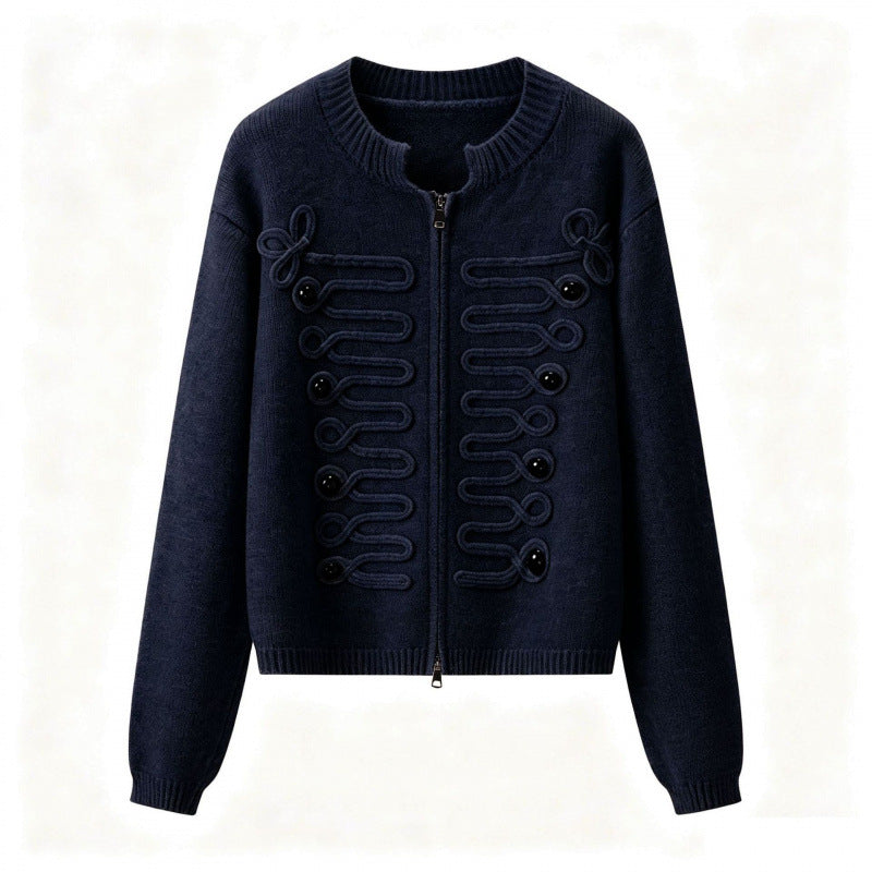 Damen Kurz geschnittene Strickjacke mit dekorativen Kordelapplikationen und Zwei-Wege‑Reißverschluss Drune