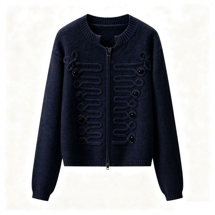 Damen Kurz geschnittene Strickjacke mit dekorativen Kordelapplikationen und Zwei-Wege‑Reißverschluss Drune