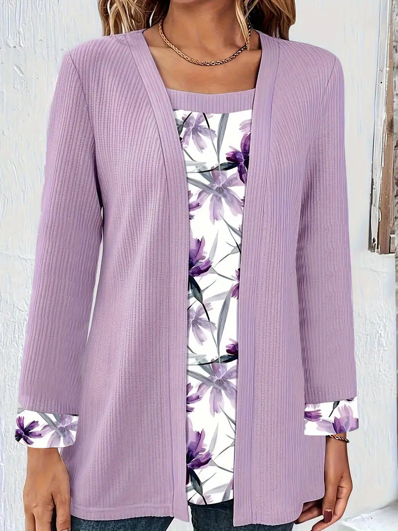 Damen lässiger Cardigan mit floralem Innenfutter und langen Ärmeln Drune
