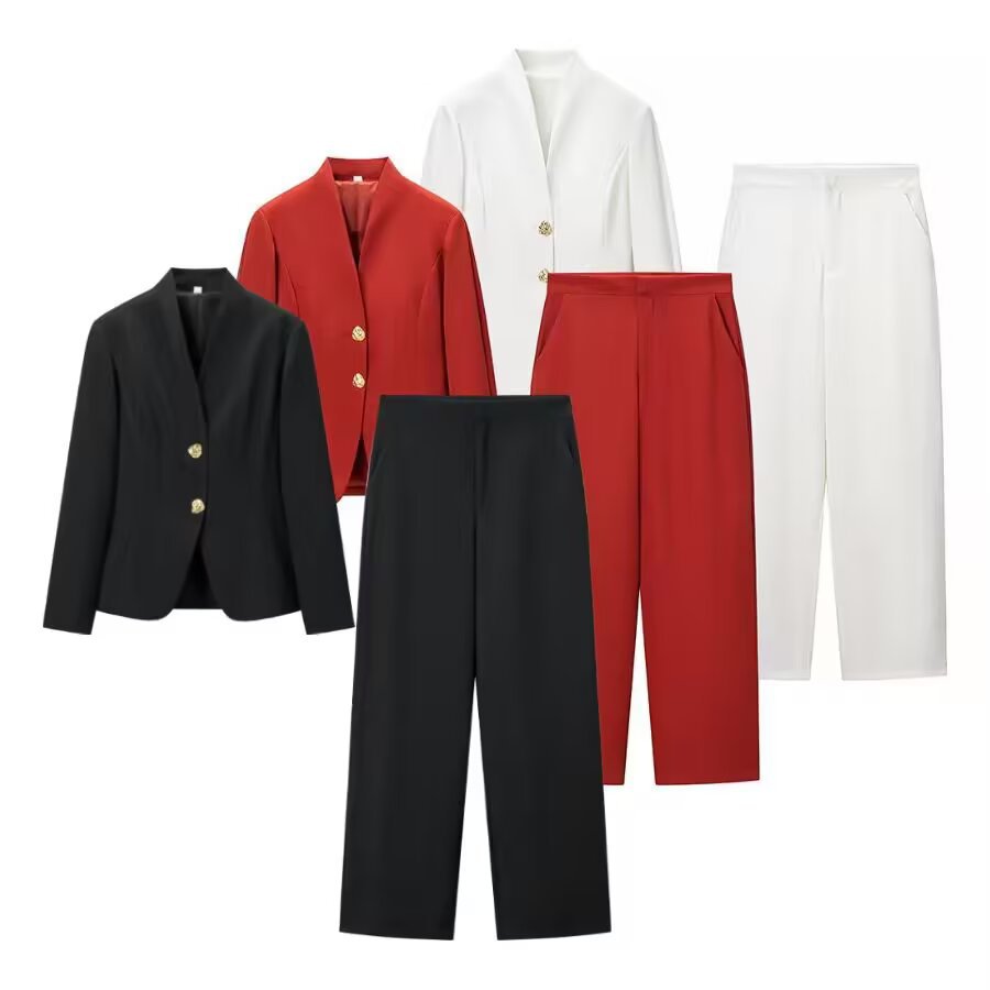 Damen Zweiteiliges Tailored-Blazer- und Highwaist-Hosen-Set mit goldknopf-Detail Drune