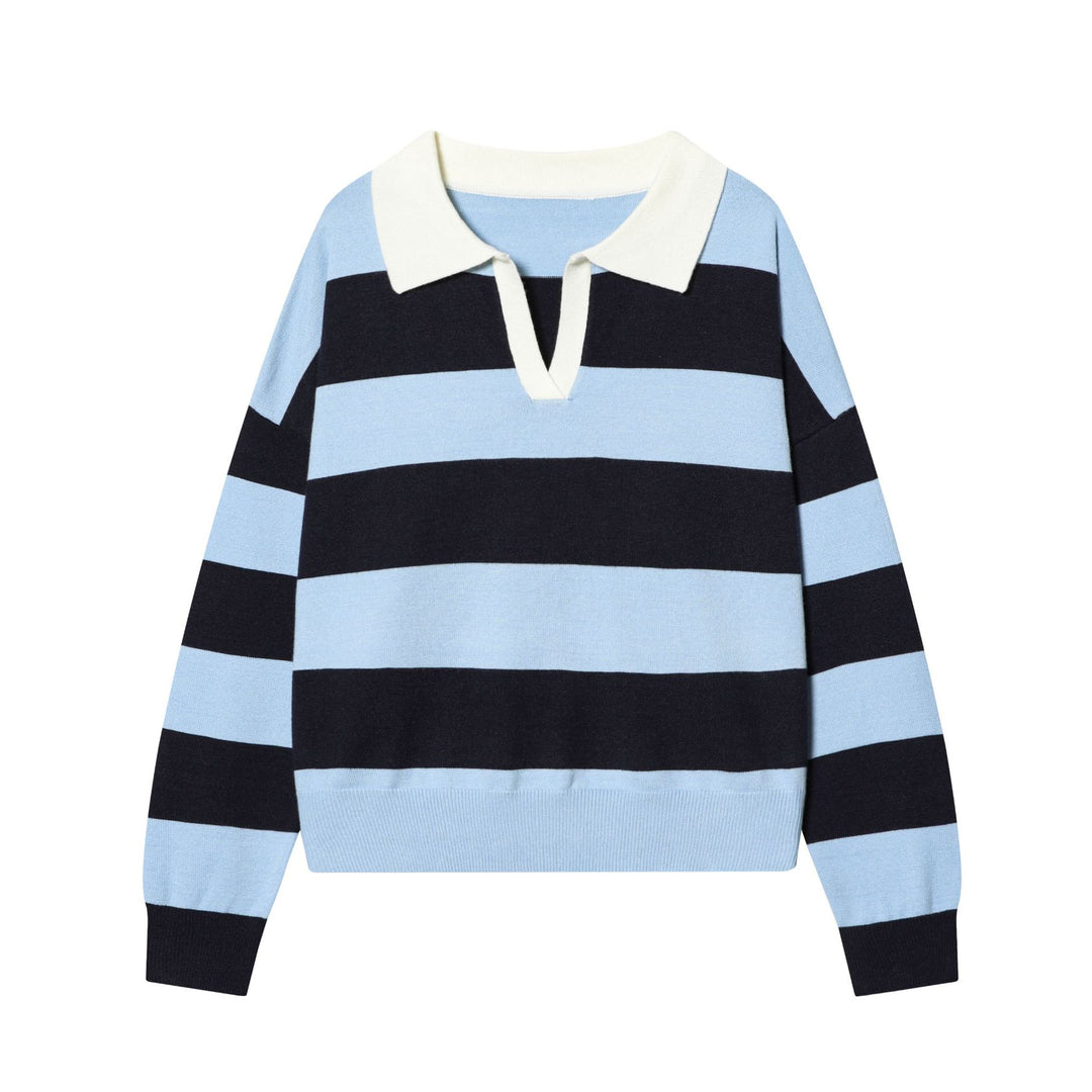 Damen nan gestreifter Feinstrick-Polopullover mit Knopfleiste, Rippbündchen und leichter Wollmischung Drune