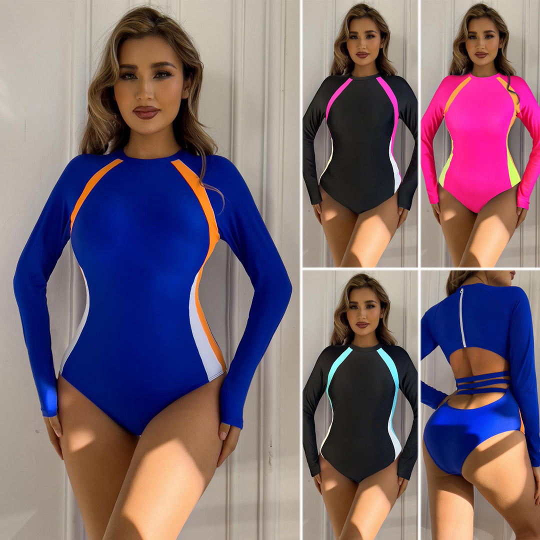 Damen Sportlicher Langarm-Badeanzug mit Farbblockdesign Drune