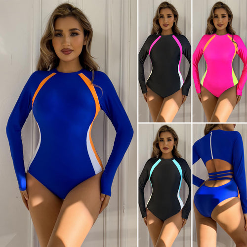 Damen Sportlicher Langarm-Badeanzug mit Farbblockdesign Drune
