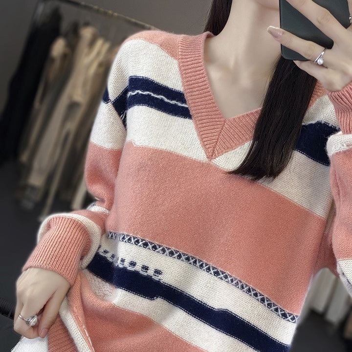 Damen Oversize-Strickpullover mit V‑Ausschnitt und grafischem Streifenmix Drune