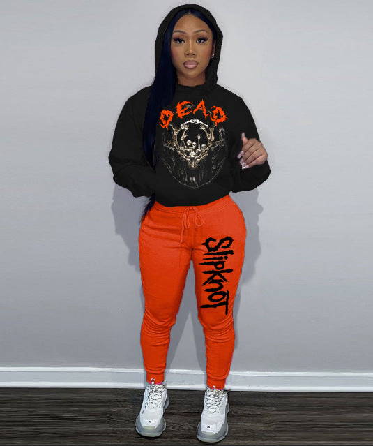 Damen Sportliches Hoodie und Jogginghose Set mit auffälligem Bandmotiv Drune