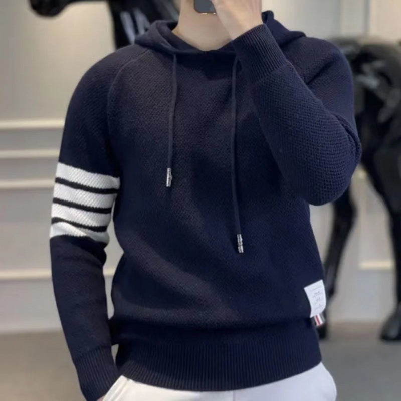 Herren Sportlicher Strickpullover mit Kapuze und Streifen Drune