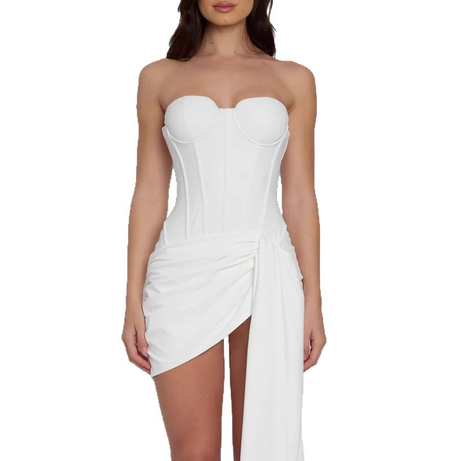 Damen Minimales und elegantes Cocktailkleid mit Korsett-Oberteil und drapiertem Rock Drune