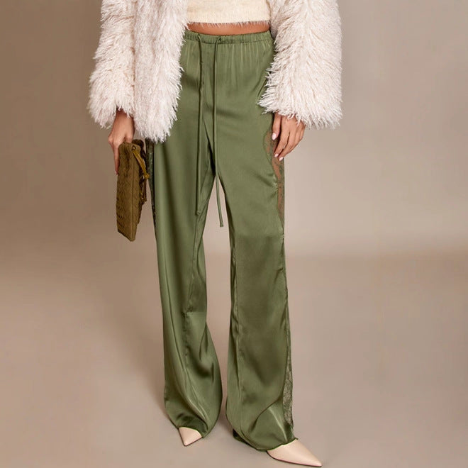 Damen nan Satinhose mit seitlichen Spitzeneinsätzen, weitem Bein und Tunnelzug Drune