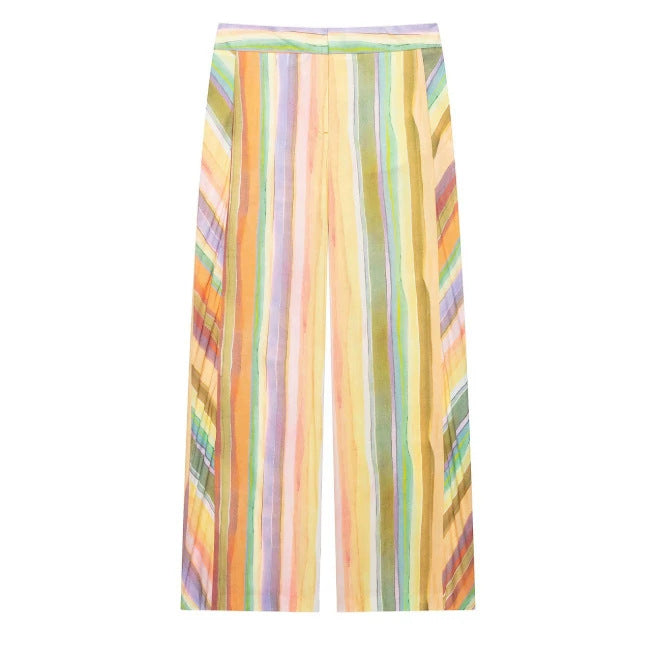 Damen Hochgeschnittene Palazzo‑Hose mit mehrfarbigem Aquarell‑Streifenmuster Drune