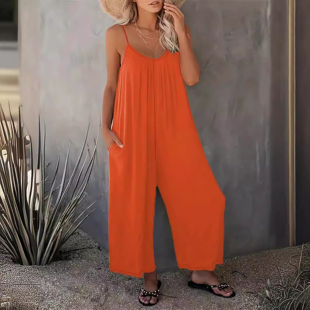 Damen legerer Jumpsuit aus fließendem Stoff mit verstellbaren Trägern und praktischen Taschen Drune
