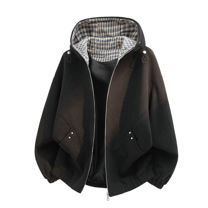 Damen oversized Fleecejacke mit Kapuze und karierter Innenfütterung Drune