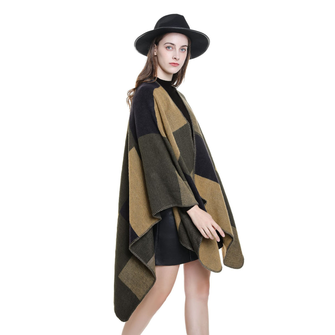 Damen Dreieckiger Strickponcho mit geometrischem Jacquardmuster und Ziernaht Drune