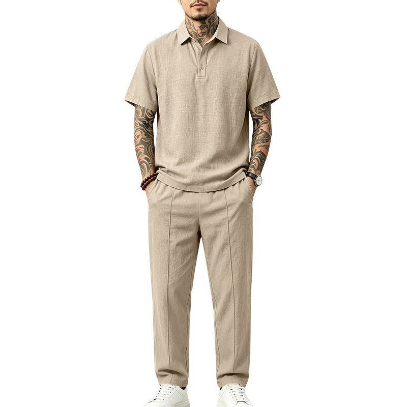 Herren Polo-Lounge-Set aus leichter Leinenmischung mit Kurzarm-Polo und gerader Bundfaltenhose Drune