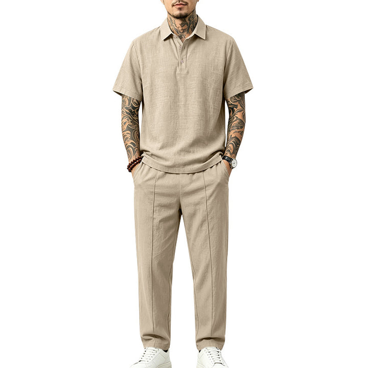 Herren Polo-Lounge-Set aus leichter Leinenmischung mit Kurzarm-Polo und gerader Bundfaltenhose Drune