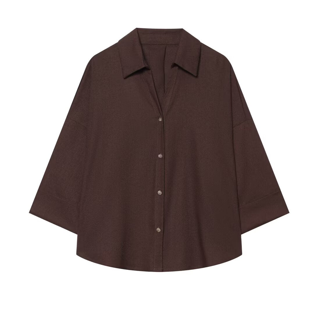 Damen Oversized Hemdbluse mit kastigem Schnitt, dreiviertelärmeln und Hornknopfleiste Drune