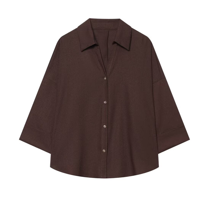 Damen Oversized Hemdbluse mit kastigem Schnitt, dreiviertelärmeln und Hornknopfleiste Drune