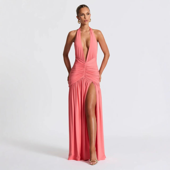 Damen Wickelkleid mit tiefem V-Ausschnitt und Raffung Drune