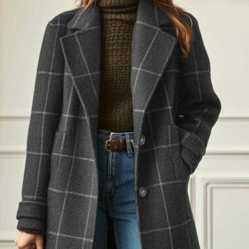 Damen Karierter Wollmix-Mantel mit Oversize-Schulter und klassischem Revers Drune