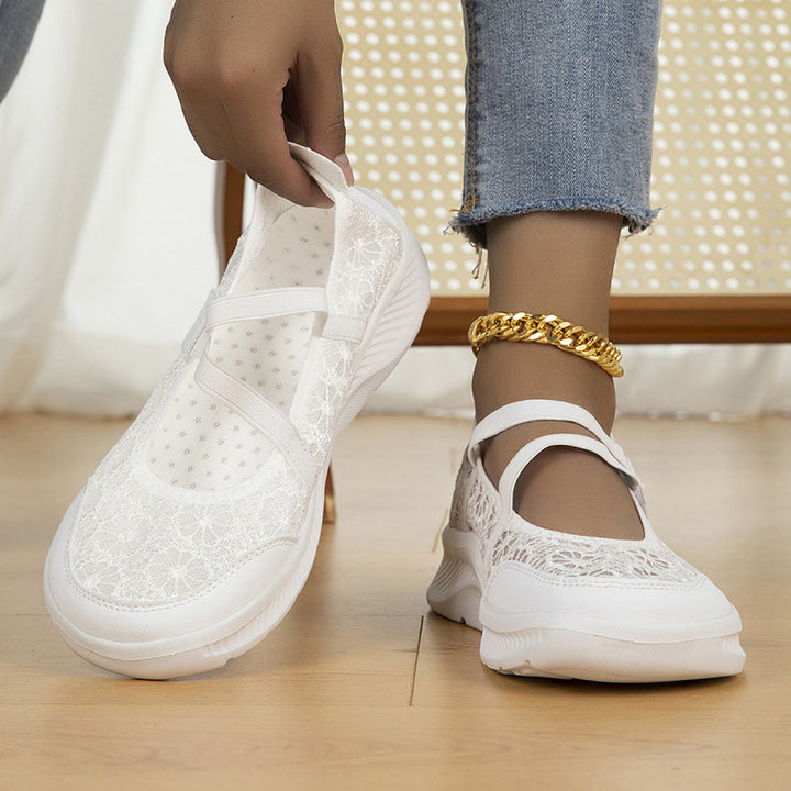 Damen Ballerina‑Sneaker mit floraler Spitzenoberfläche und dämpfender Plateau‑Sohle Drune