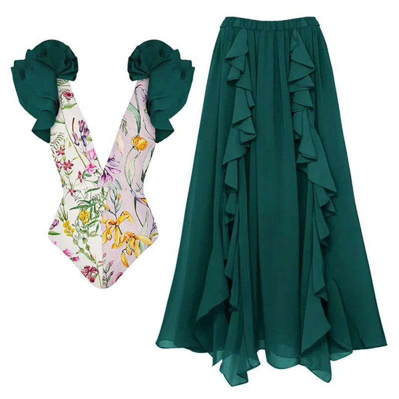 Damen Badeanzug-Set mit voluminösen Rüschendetails und elegantem Überrock Drune