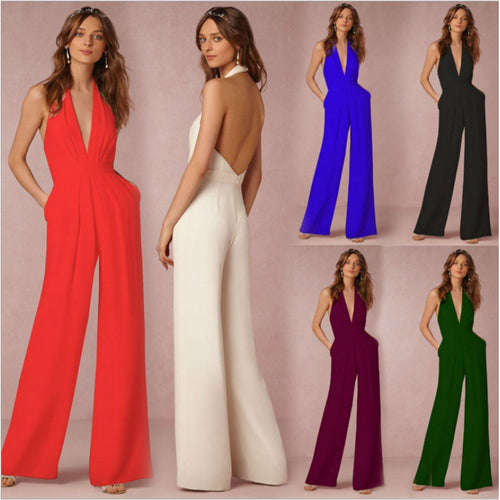 Damen eleganter Jumpsuit mit tiefem V-Ausschnitt und weitem Bein Drune